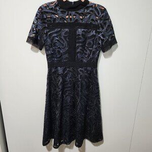 Antonio Melani Black Blue Embroidered Lace Satin Short Sleeve Midi Dress- 2